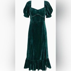 Adelyn Rae Kiana Velvet Midi Dress Puff Sleeve Smocked Emerald Green Medium